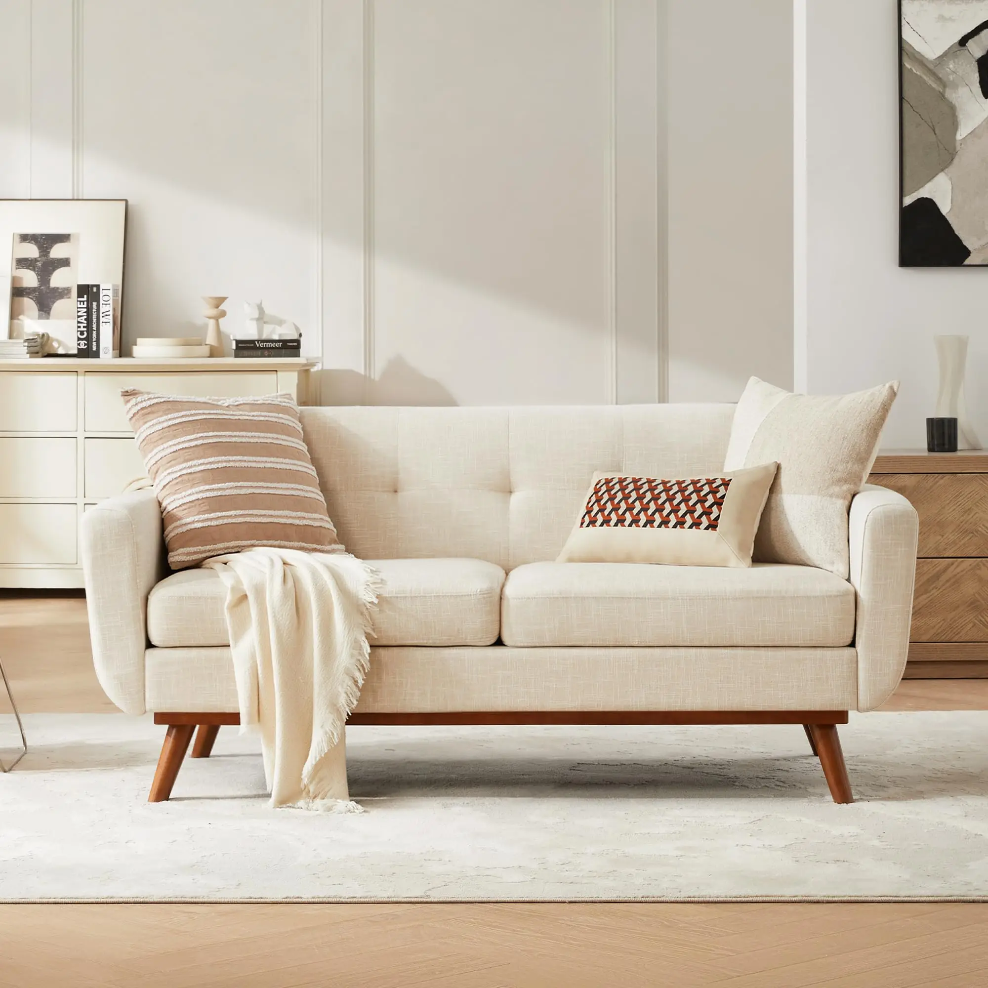 #￥Loveseat Sofa Mid Century Modern Decor Love Seat Couches Button Tufted Upholstered Furniture Small Couch for Office Apartment