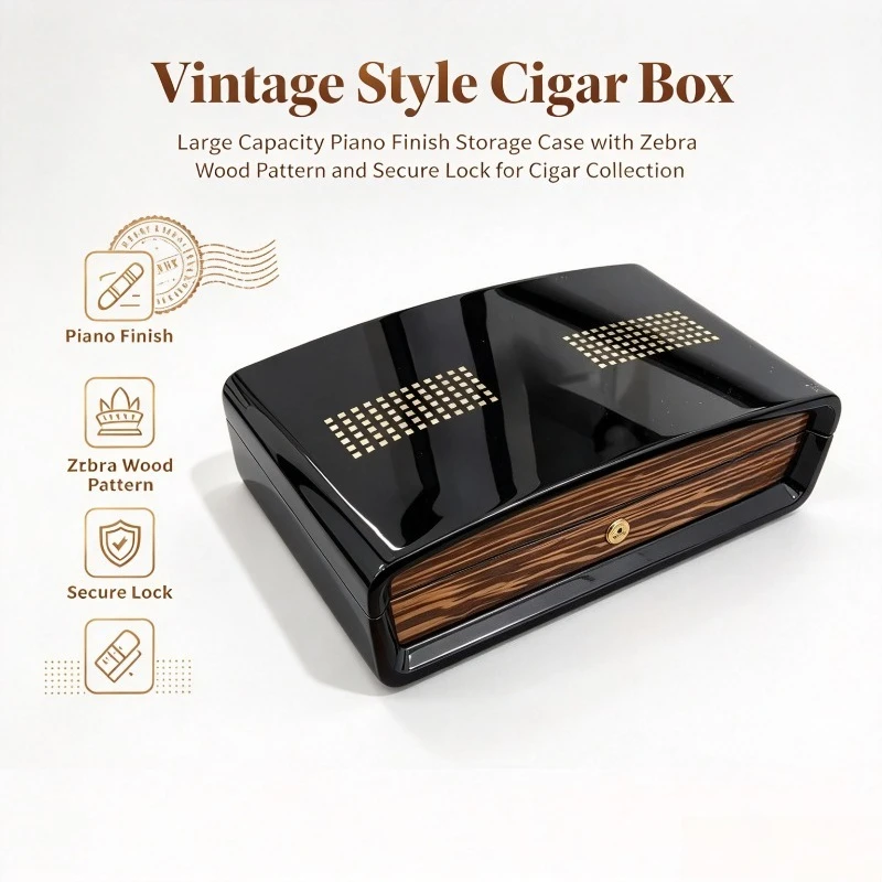 Vintage Large Capacity Piano Finish Cedar Wood Cigar Box with Unique Pattern Cigar Storage Humidor Case