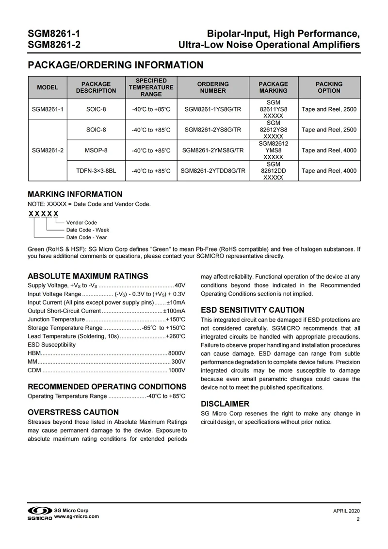 10Pcs/Lot SGM8261-1YS8G/TR SOIC-8,Bipolar-Input, High Performance,Ultra-Low Noise Operational Amplifiers,New andOriginal