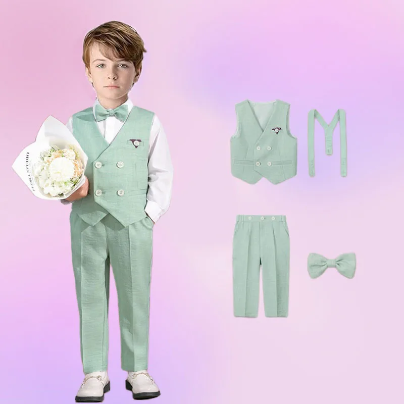 Flower Boys Summer Solid Color Blazer Set For Wedding Kids Piano Host Speech Peformance Costume Child Formal Birthday Suit