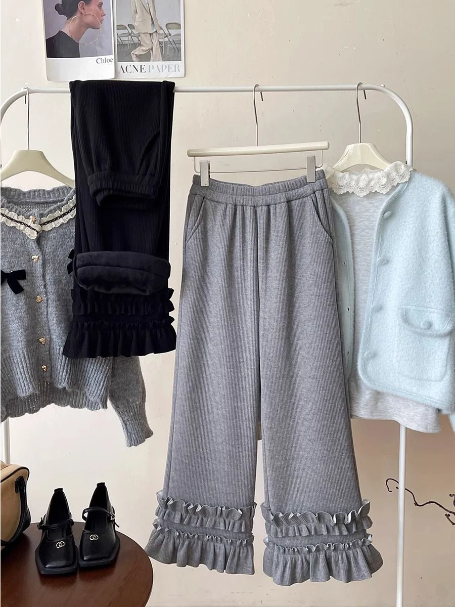 Spodnie damskie plus size na jesień i zimę, proste nogawki, wysoki stan, rozszerzane spodnie z koronkowym wykończeniem, ocieplane polarem, luźny krój, spodnie codzienne.