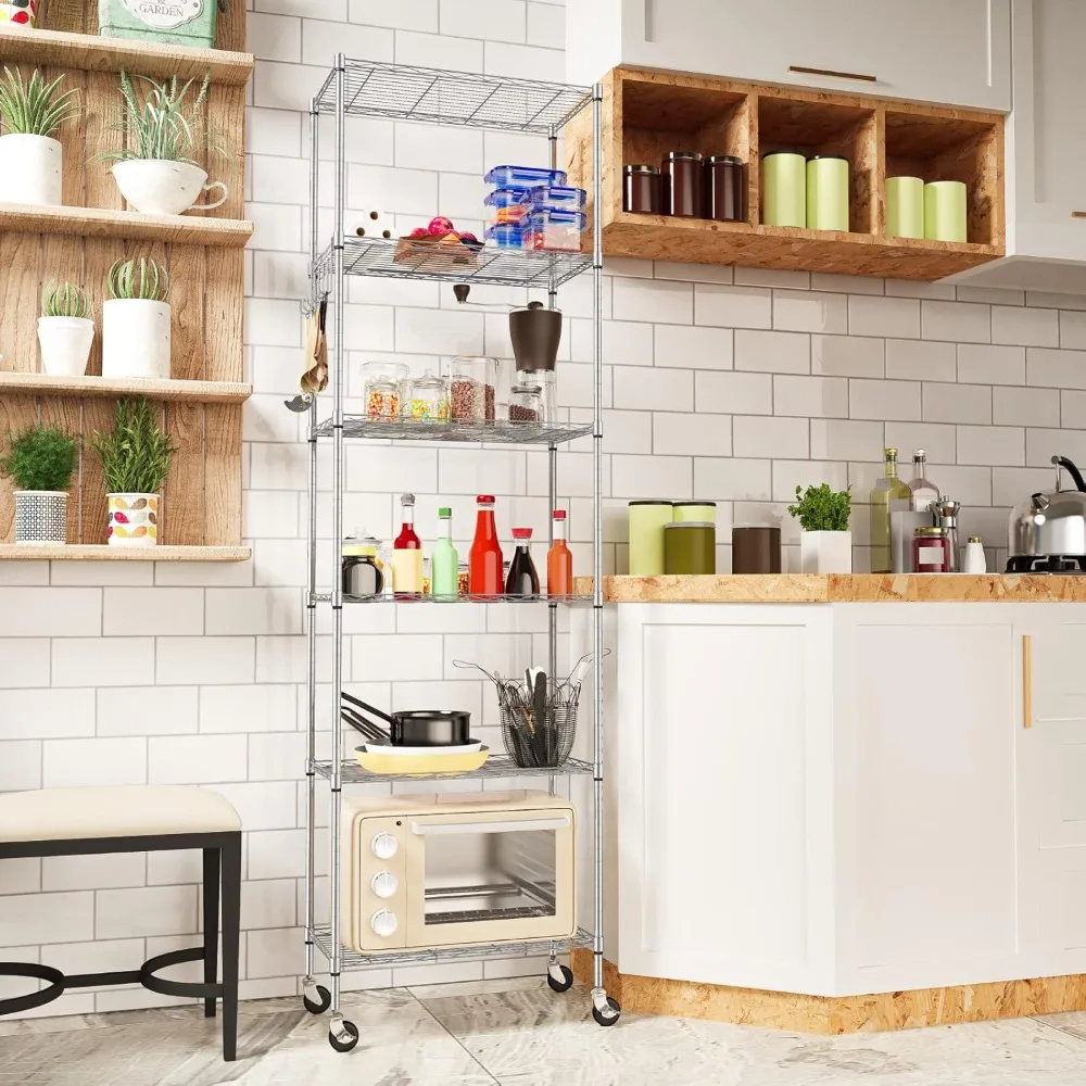 Estantería de almacenamiento de 6 niveles, estantería de alambre, organización de estante independiente con ruedas, ganchos laterales de acero inoxidable, gris plateado
