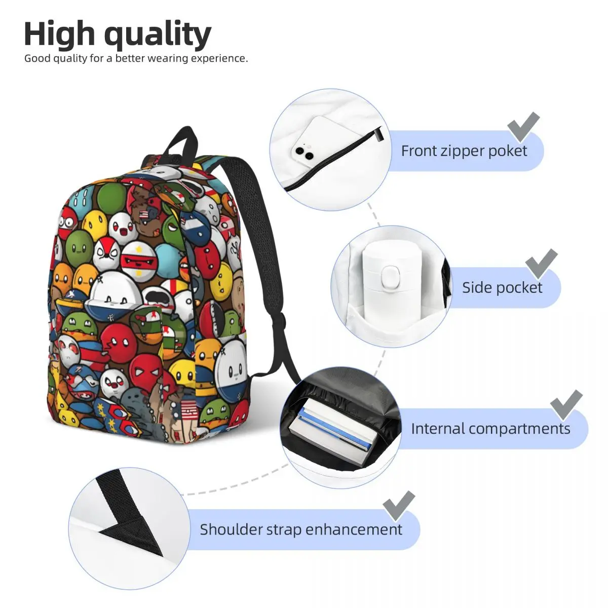 Countryball Cartoon Backpack for Kindergarten Primary School Student Countries Earth Cute Bookbag Boy Girl Kids Canvas Daypack