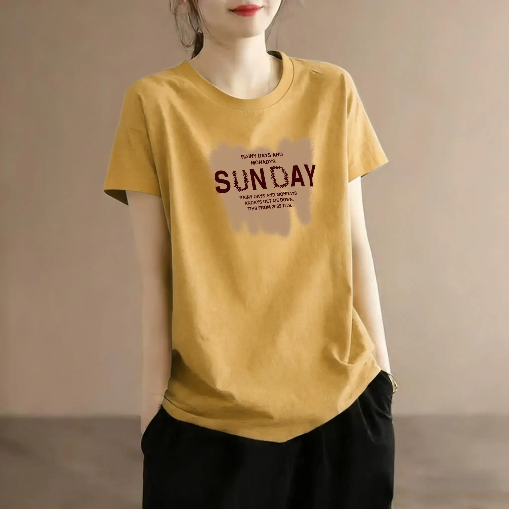 

Loose Yellow Short Sleeve T-Shirt Women's Fashion Print Summer Half Sleeve Trendy Top Casual Style Polyester Fiber Breathable