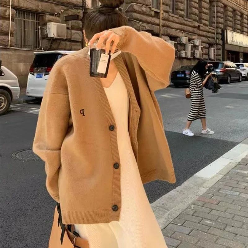 Loose Knitted Jacket Single Breasted Black V-neck Sweater Casual Letter Embroidery Fashionable 2026 New Knit Overcoats for Women