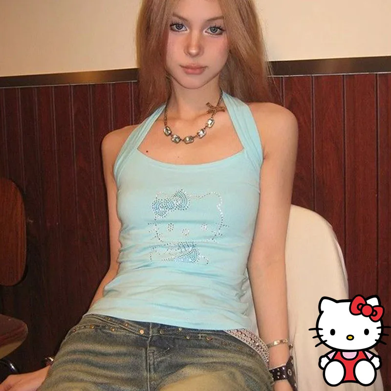 

Sanrios Hello Kittys T-Shirt Women Y2K Tanks Camis Summer Diamonds Sexy Slim Sleeveless Tops Girls Crop Tops Gothic Tees Gifts
