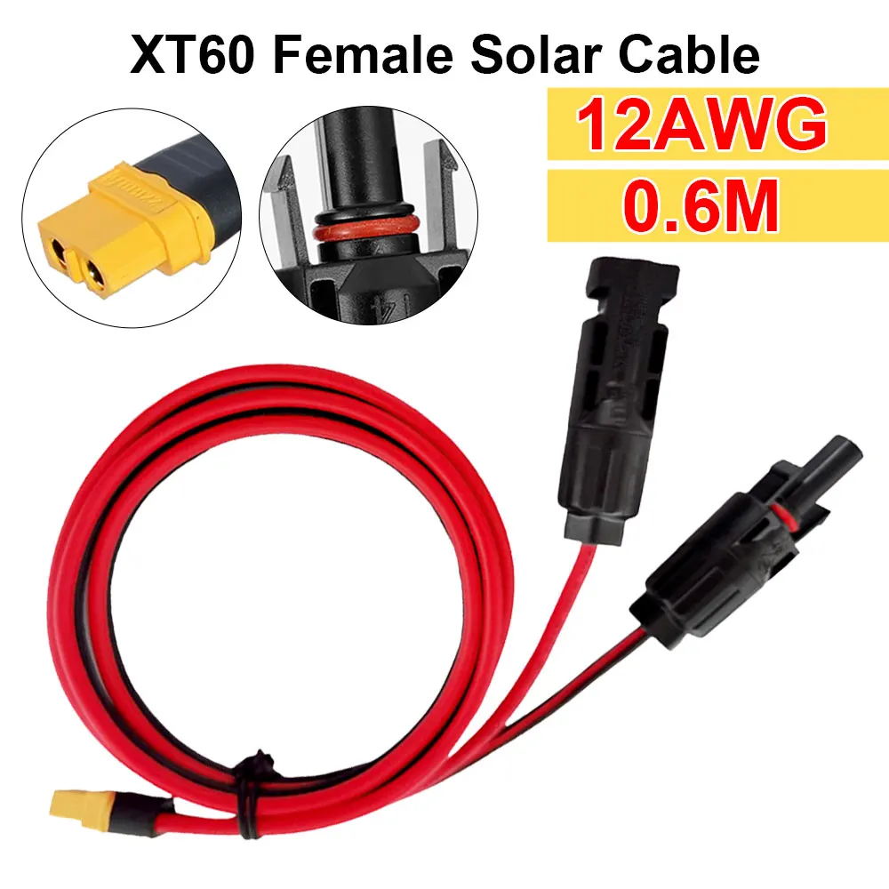 60cm 12AWG XT60  Female Connector Extension Cable For RV Boat Battery Solar Panel Portable Power Station Charging Cable