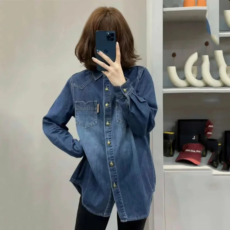 Denim Shirt Women Spring Autumn Single Breasted Tops Retro Long Sleeve Casual Fashion Shirt New