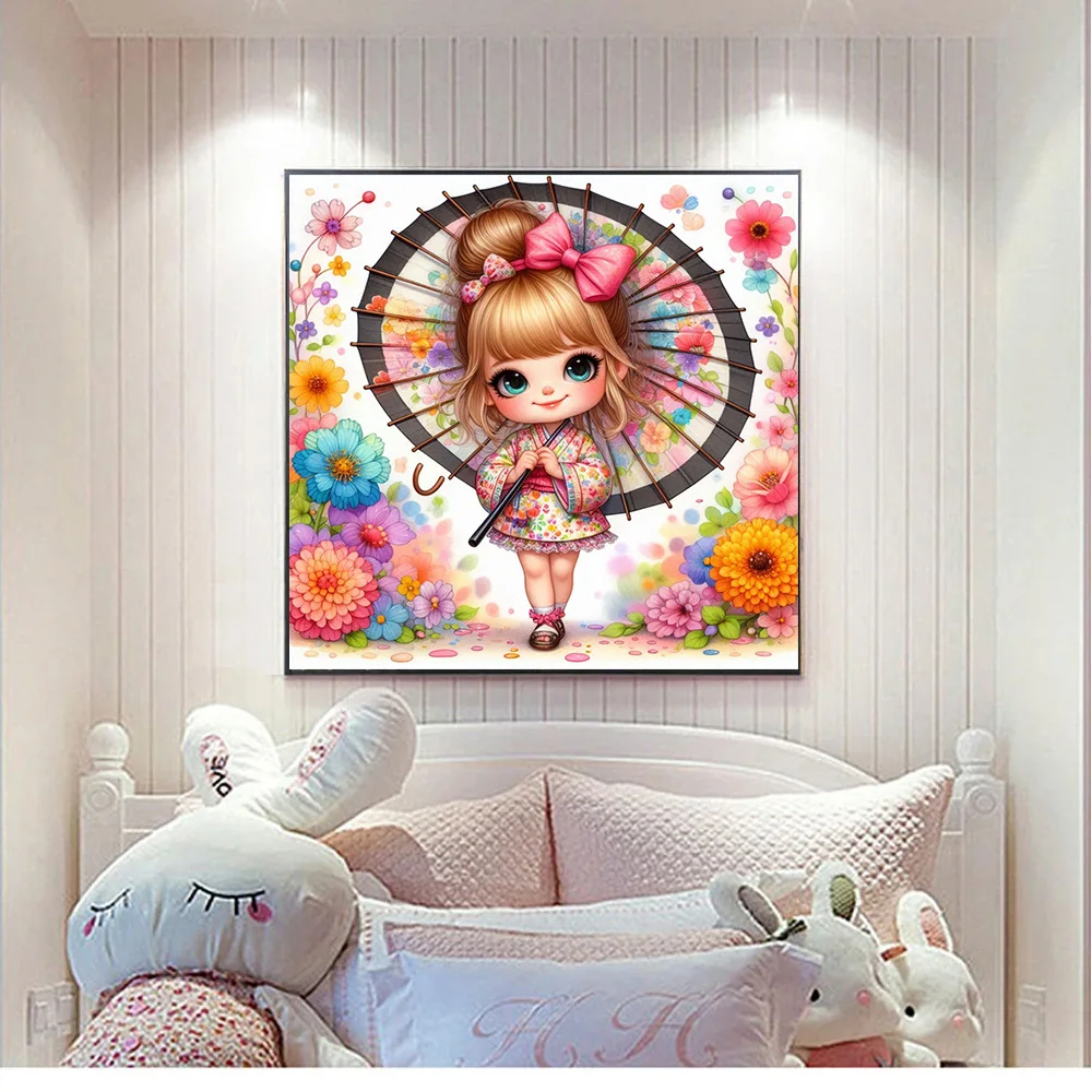 Cute Girl And Umbrella Painted With Flowers Diamond 5D Mosaic Painting DIY Full Drills Embroidery Cross Stitch Kits Decor Art