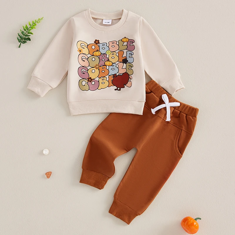 Suefunskry Toddler Boys 2Pcs Thanksgiving Outfits Long Sleeve O-Neck Letter Turkey Print Pullover Tops Drawstring Pants Sets