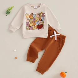 Suefunskry Toddler Boys 2Pcs Thanksgiving Outfits Long Sleeve O-Neck Letter Turkey Print Pullover Tops Drawstring Pants Sets