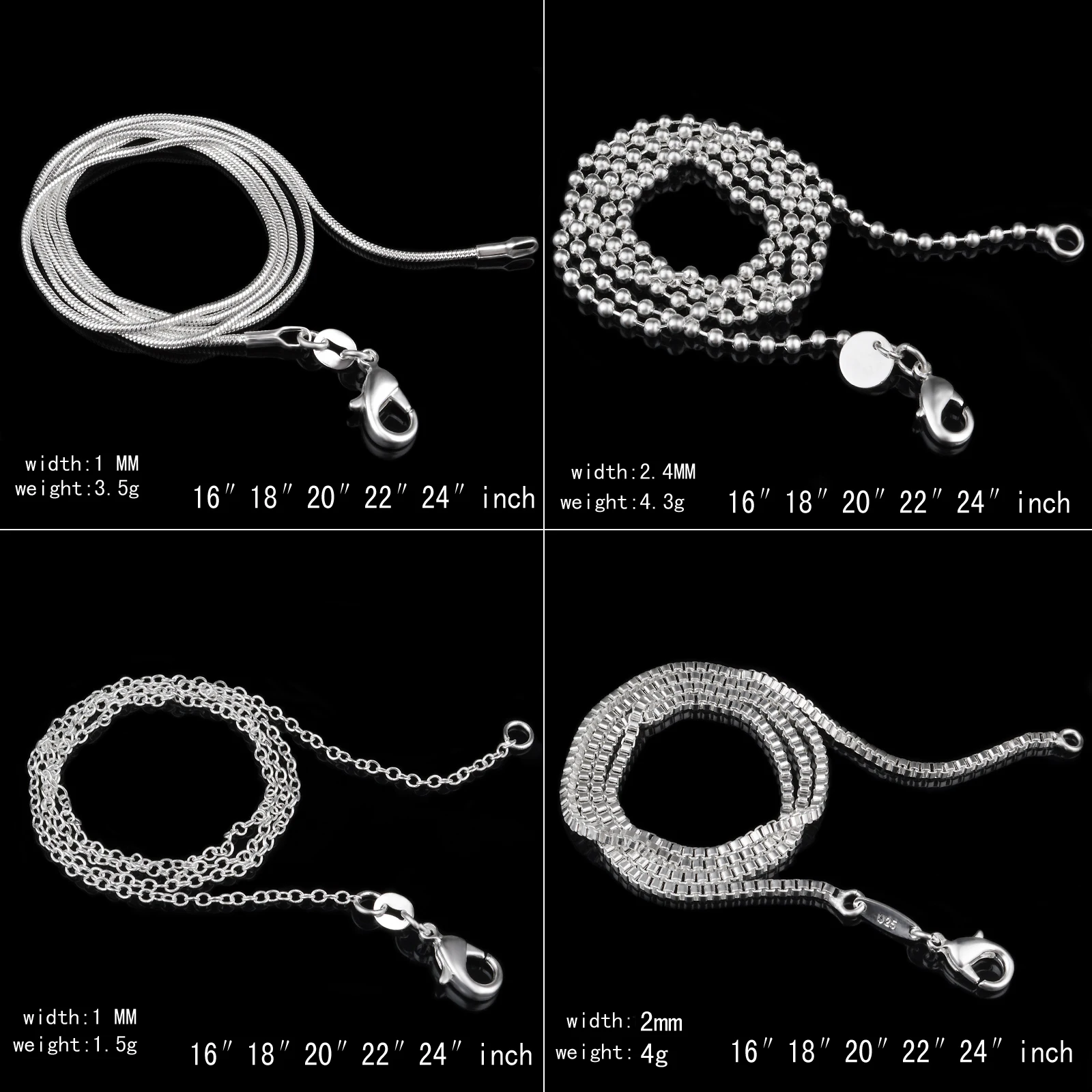 10Pcs one lot! Silver Plated Lobster Clasp Snake Box Cable Bead Copper Chain 16 18 20 22 24 inch Pick Size For Jewelry Making