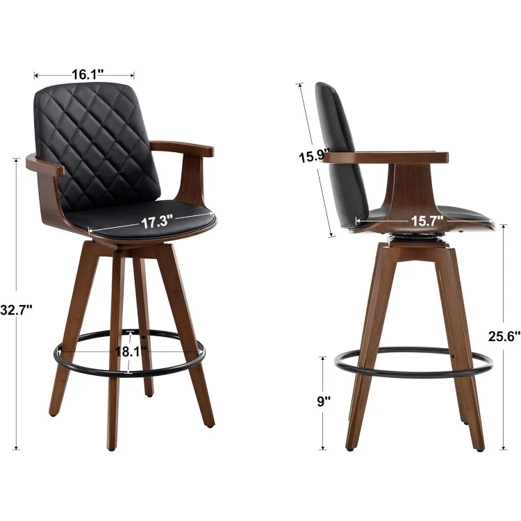 Bar Stools Set of 2, Upholstered Faux Leather Counter Height Bar Stools, Swivel Barstools with Wooden Arms and Legs