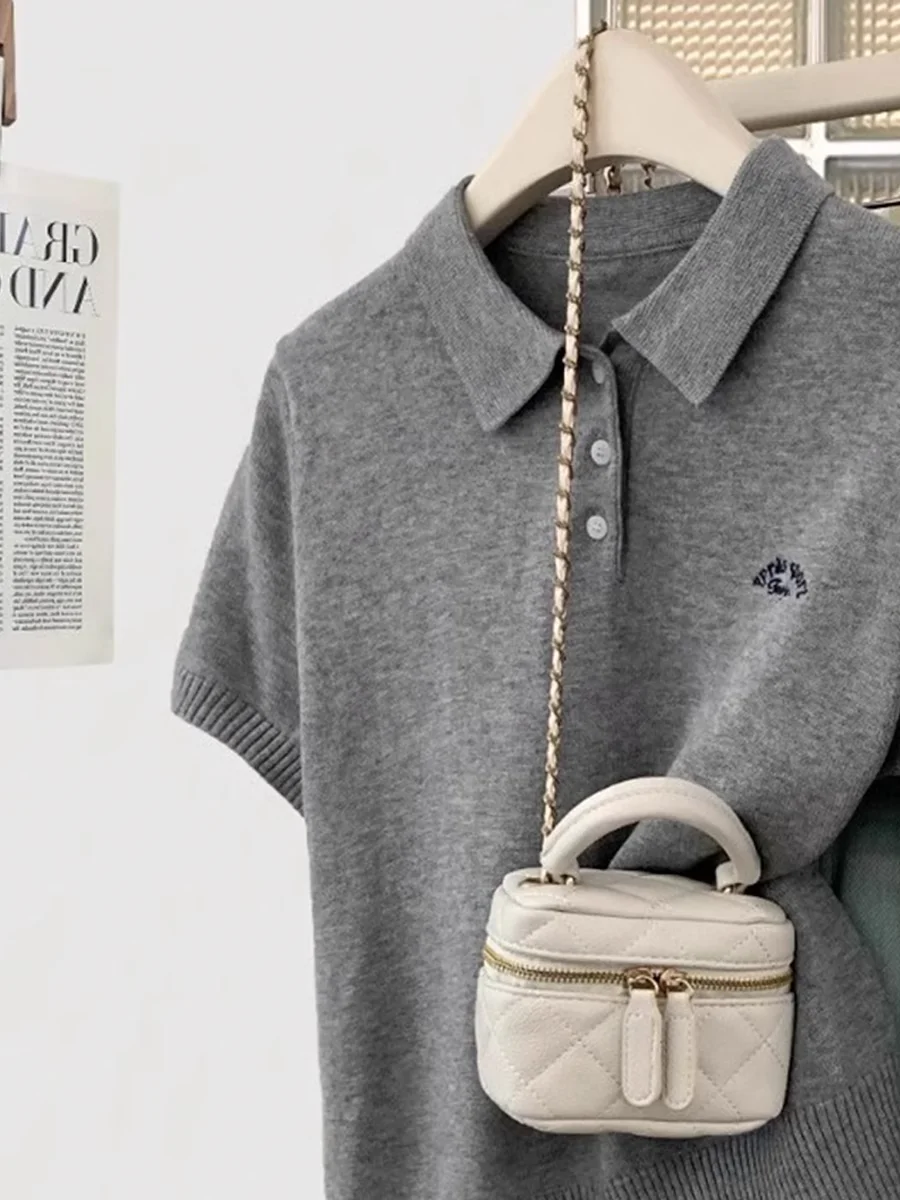 Damska dzianinowa bluzka plus size, haftowana, wyszczuplająca, w stylu koreańskim, letnia koszulka, oddychająca, codzienna odzież.