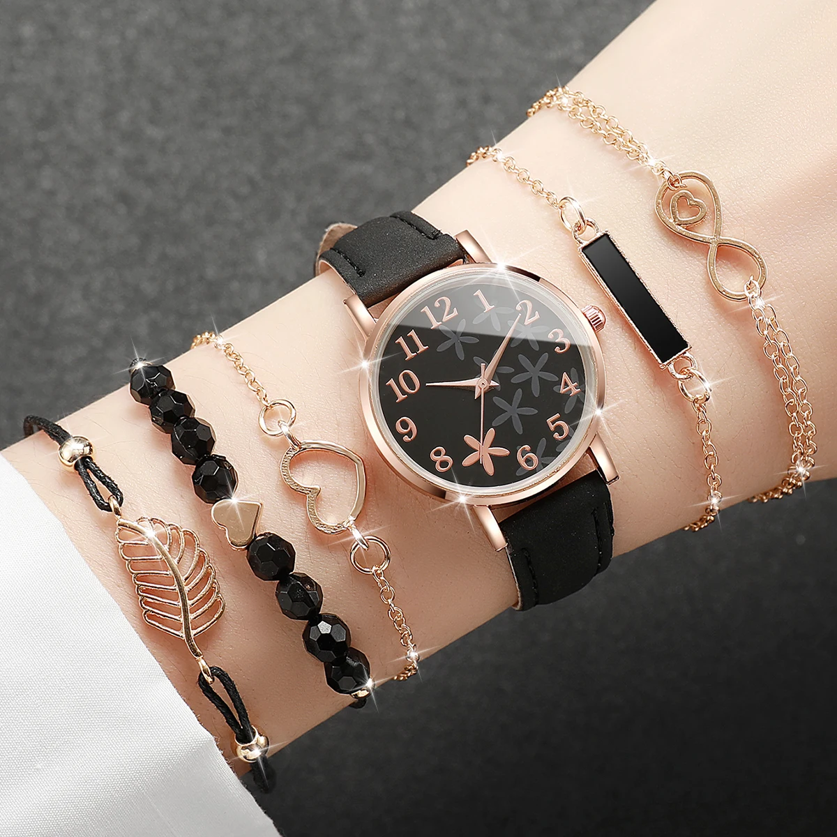 6PCS Women\'s Watch Fashion Flower Dial Leather Band Quartz Watches Leaf Bracelets Set（Without Box）