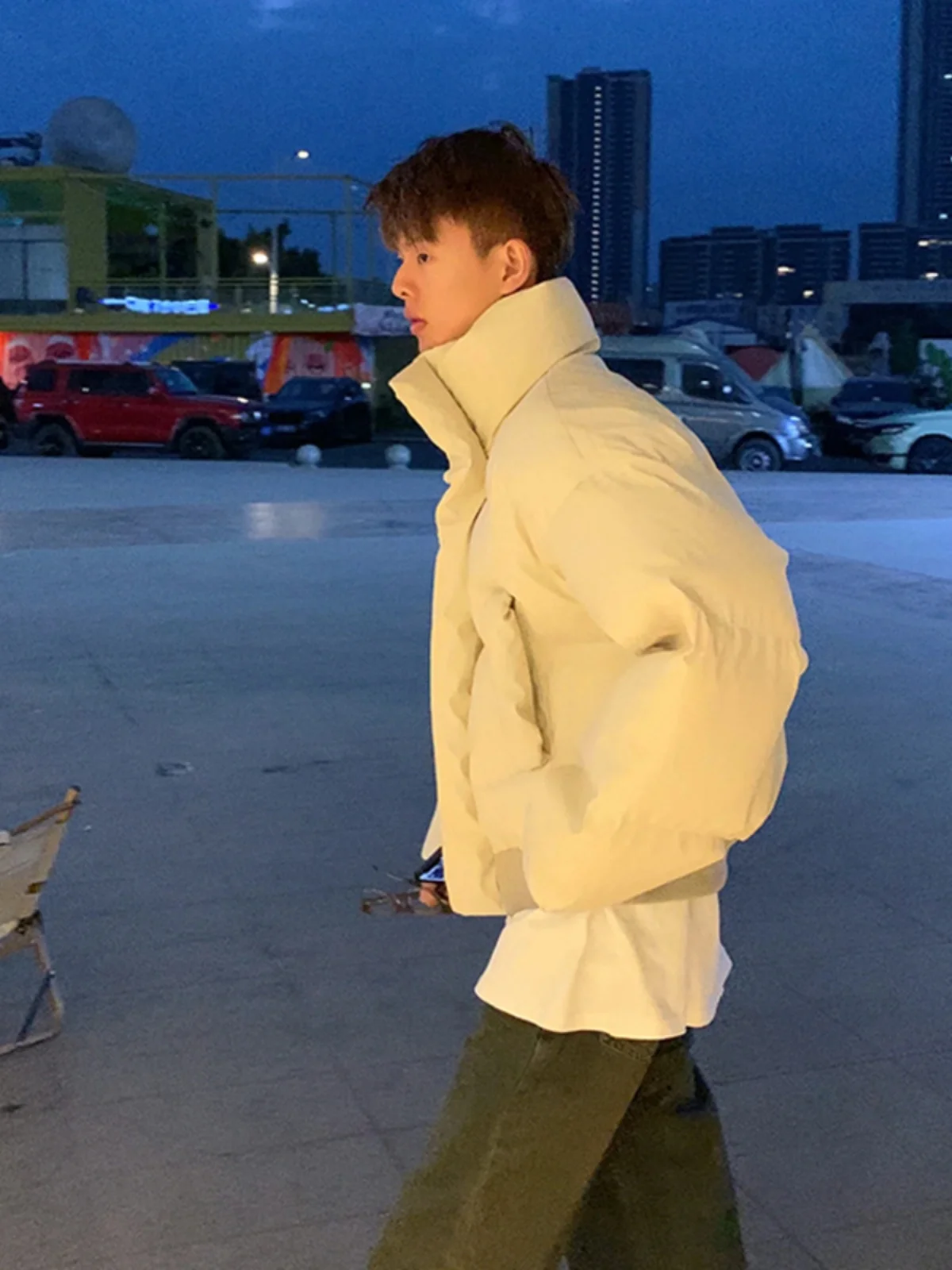 

Men's ort Thiened Cotton Jaet Stand Collar Bread Sle Warmth Winter Faion Casual Loose Fit Polyester Fiber