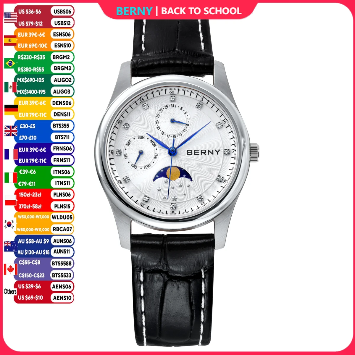 Sapphire Crystal Display - BERNY montres pour femmes calendrier Date