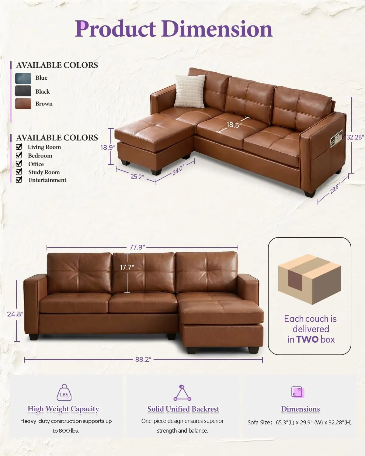 Brown Faux Leather Sectional Sofa, L Shaped Modular Couch with USB Ottoman Side Pockets for Living Room Apartment, Customized