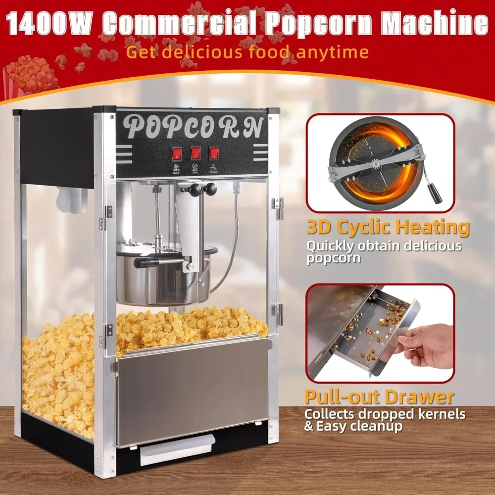 Popcorn Machine, 12 Oz Stainless Steel Kettle, 80 Cups, Retro Cinema Popcorn Maker, with Reject Kernel Tray, Warming Light
