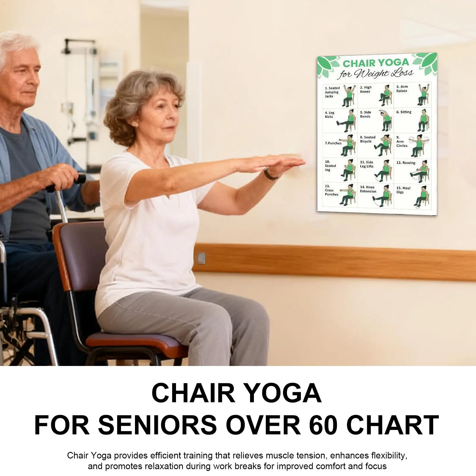 2 Pieces Personal Trainer Chair Plan Yoga Guide Chair Yoga Poster 30-Day Workout Poster For Senior Beginner Mobility Balance