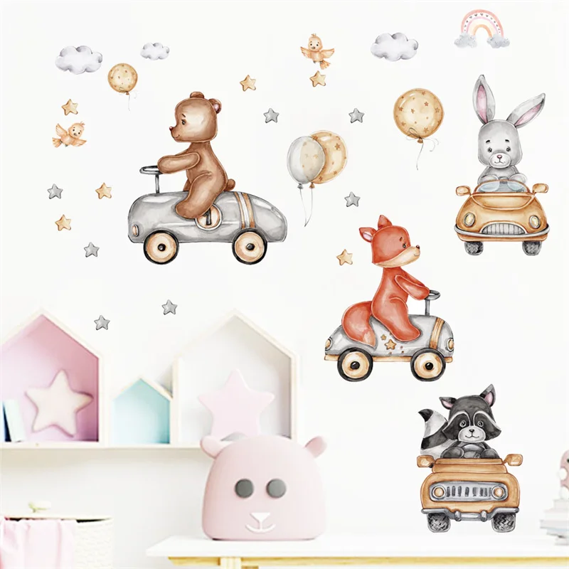 Animals Bear Rabbit Balloon Wall Stickers for Children Kids Rooms Girls Boys Baby Room Bedroom Decoration pegatinas de pared