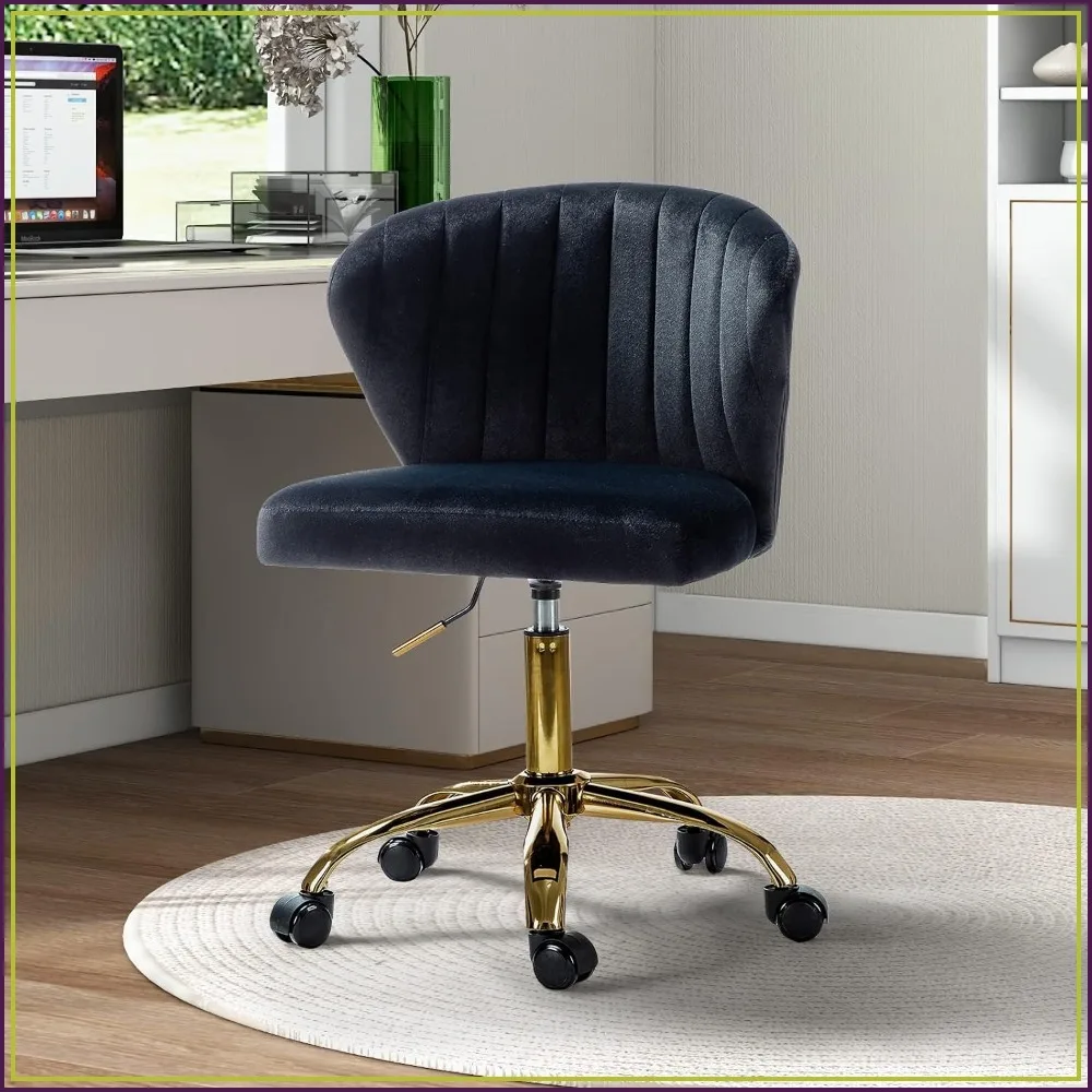 Modern Velvet Armless Office Chair with Wheels Gold Base Swivel Rolling Task Chair Black