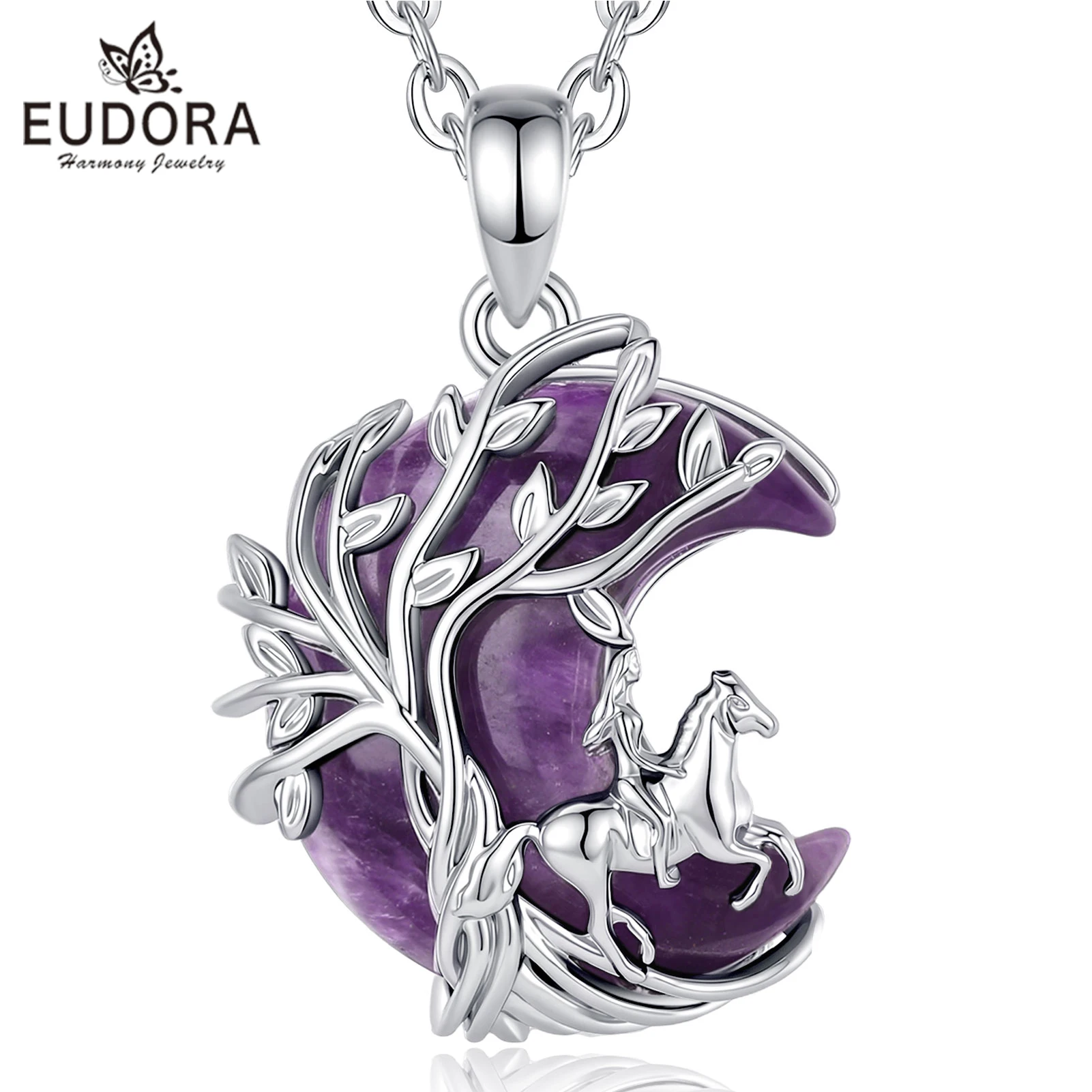 Eudora Amethyst Horse Girl Necklace Crescent Moon Tree of Life Pendant Spirit Animal Jewelry Spiritual Protection Gift for Women