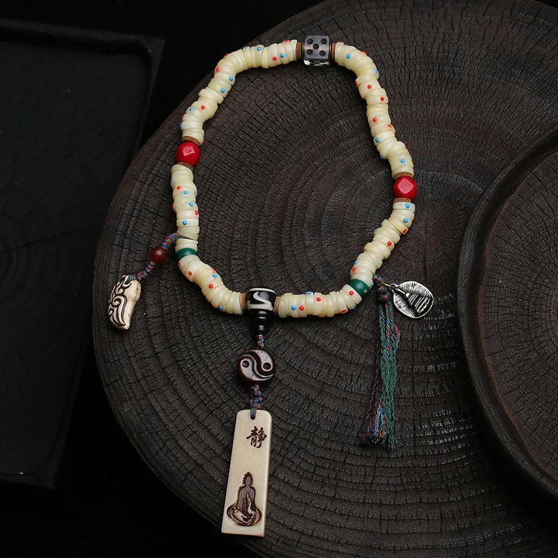 

Natural Camel Bone Multi-Treasure Inlaid Large Intestine Bead Buddhist Prayer Beads Reclaimed Bone Bagua Formless Buddha Pendant