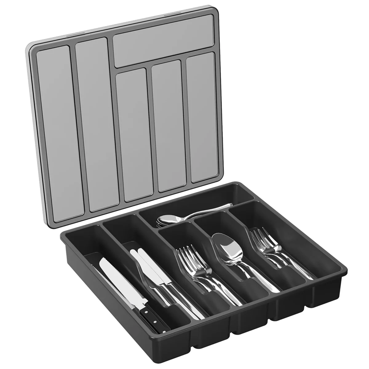 Silverware Organizer with Lid,Covered Utensil Tray for Kitchen Drawer and Countertop, Plastic Cutlery and Flatware Black