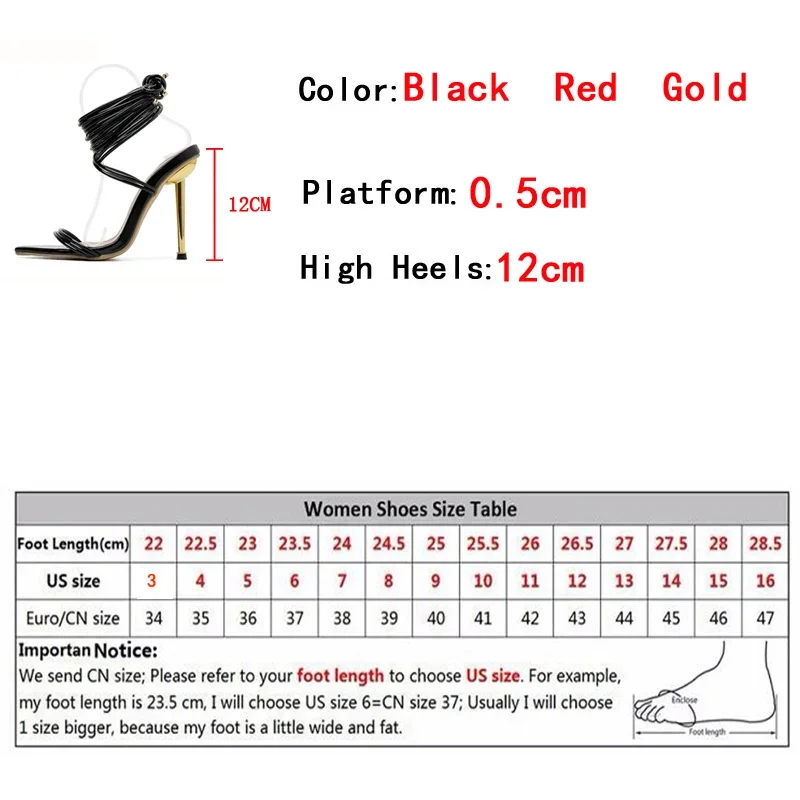 Heels Sandals For Women Fashion Pointed Open Toe Lace-Up Stiletto Ladies Wedding Shoes Black Red Summer 12CM Gladiator zapatos