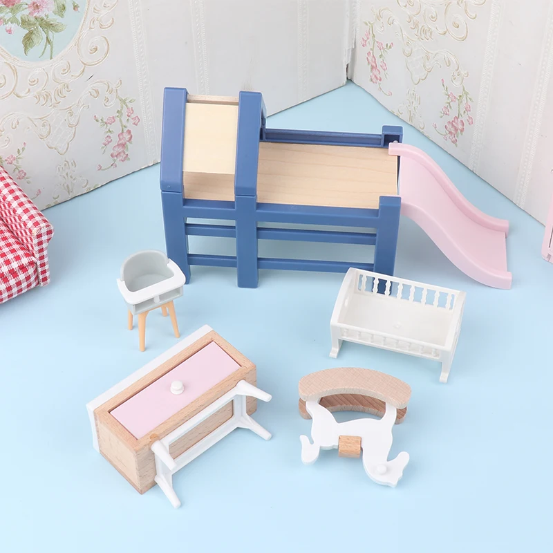 1Pcs 1:12 Dollhouse Baby Bedroom Furniture Accessories Slide/Trojan Horse/Table/ Dining Chair/Bed For Kids Pretend Play Toy