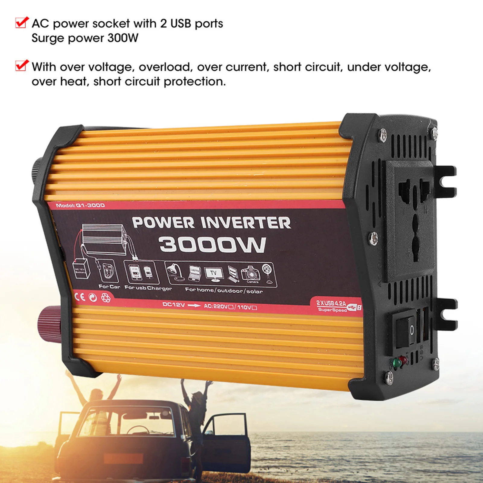 Car Inverter Dual USB 300W Auto Power Converter Modified Sine Wave Adapter