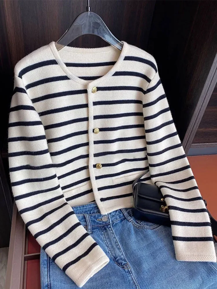 الخريف الشتاء النساء بالأزرار س الرقبة سويتر مقلم الكورية بلوزات على الموضة كم طويل واحدة الصدر سترة مشغولة من الصوف الإناث