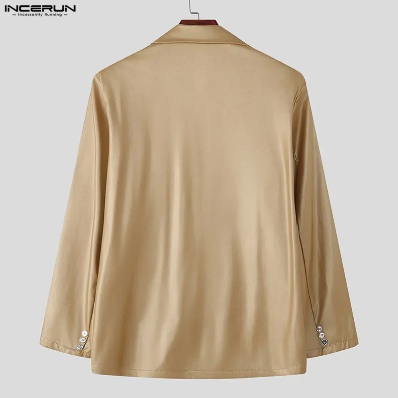 INCERUN Mannen Blazer Effen Kleur Glanzende Revers Lange Mouw Knop Mannelijke Pak Streetwear Party Nachtclub Fashion Casual Dunne Jassen Mannen