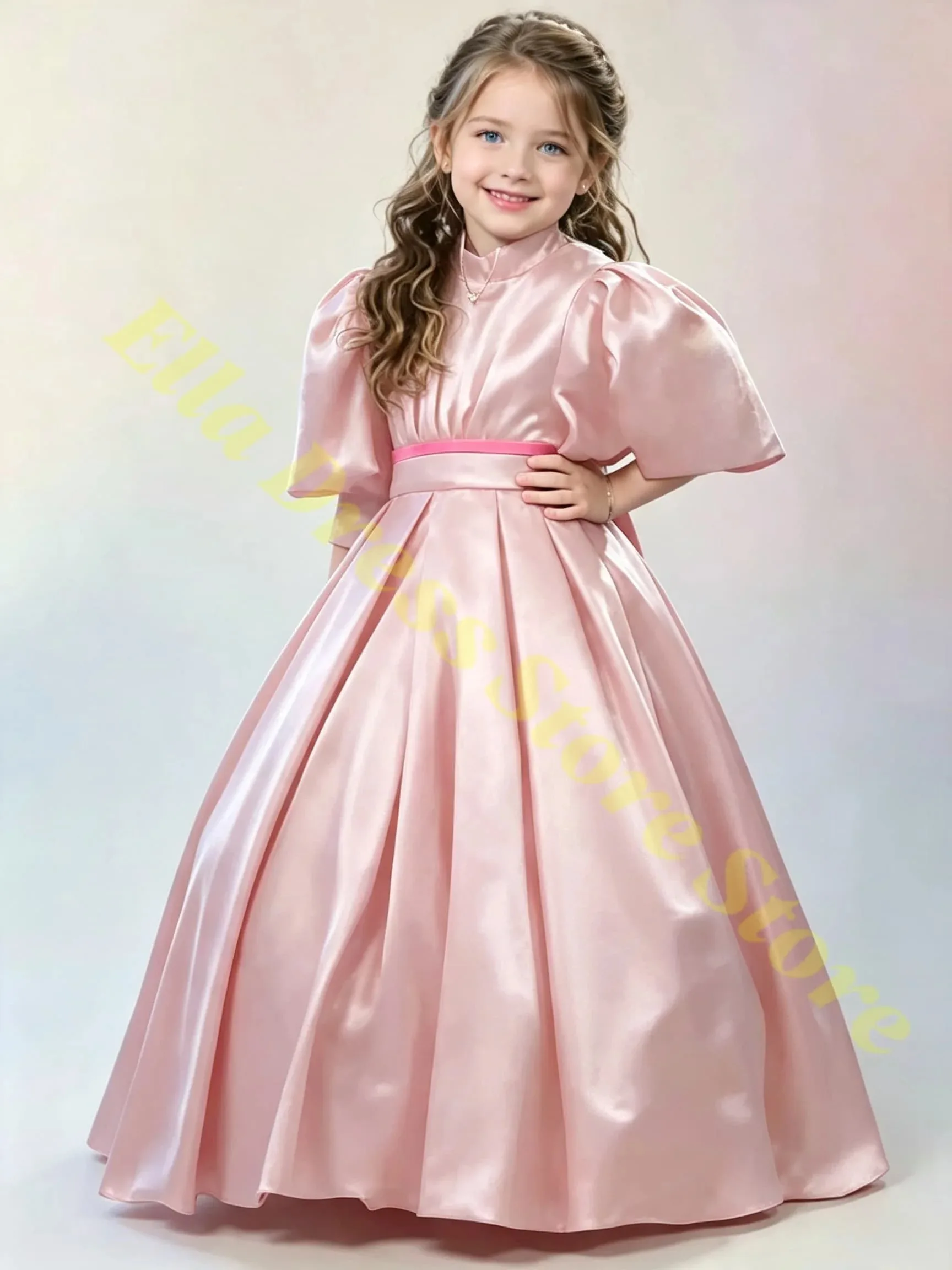 Wholesale Girl Gown Black Party Dress for Girls Puff Sleeves Draped Taffeta Flower Girl DressAnkle-Length Communion Gown Custom
