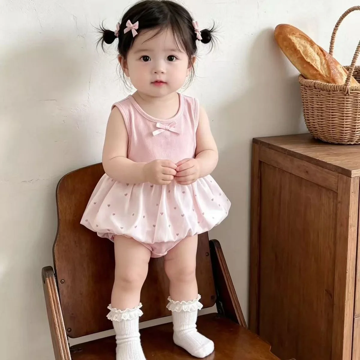 

Summer 3M-2Y Sweet Baby Bodysuit Lace Bow Polka Dot Girls Puffy Skirt Pink Sleeveless Thin Soft Toddler Romper Dress