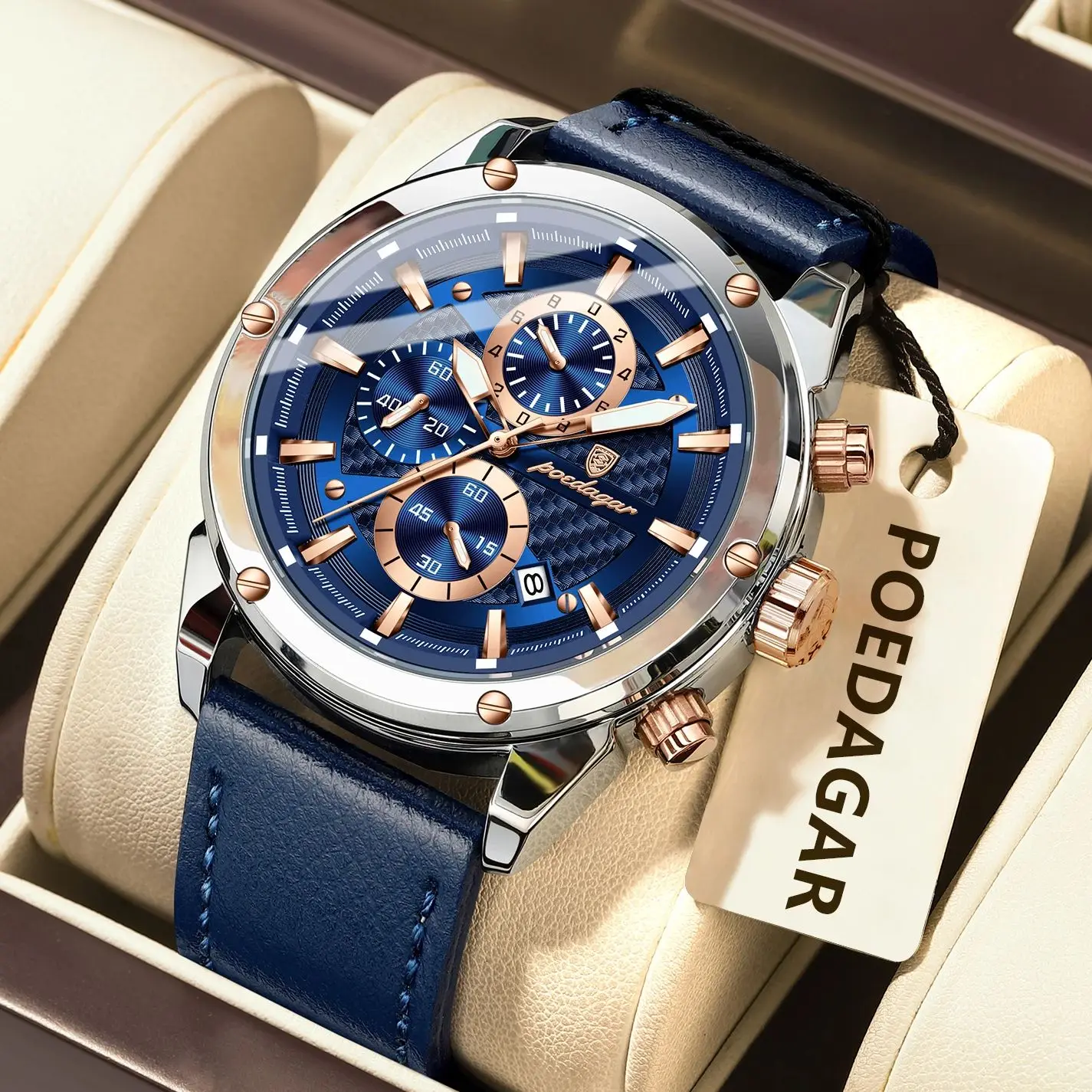 POEDAGAR رجل الأعمال ساعة مقاوم للماء مضيئة كرونوغراف تاريخ الساعات الأصلية للرجال جلدية فاخرة ساعة يد كوارتز رجالية