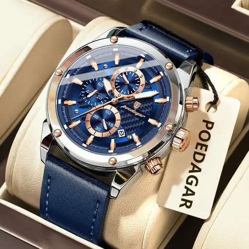 Imagen 2 del producto Reloj POEDAGAR para hombre de negocios, cronógrafo luminoso resistente al agua, relojes originales con fecha para hombre, reloj de pulsera de cuarzo de lujo de cuero para hombre