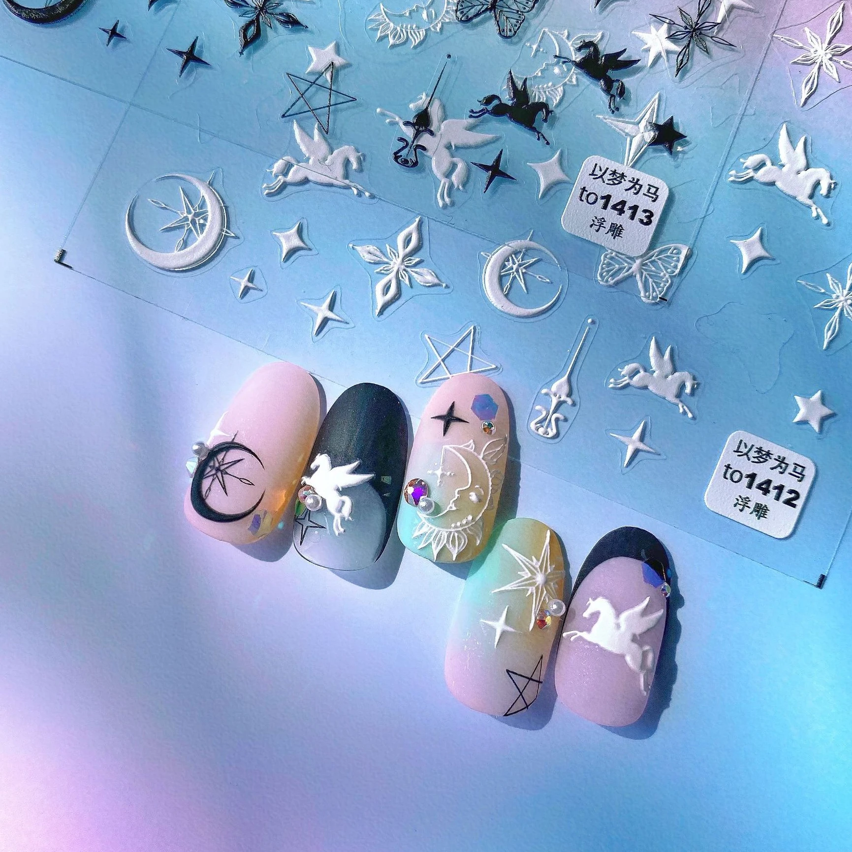 Fantasy Unicorn Star Moon 5D Embossed Reliefs Self Adhesive Nail Art Stickers 3D Nail Decorations Decals Wholesale Dropshipping