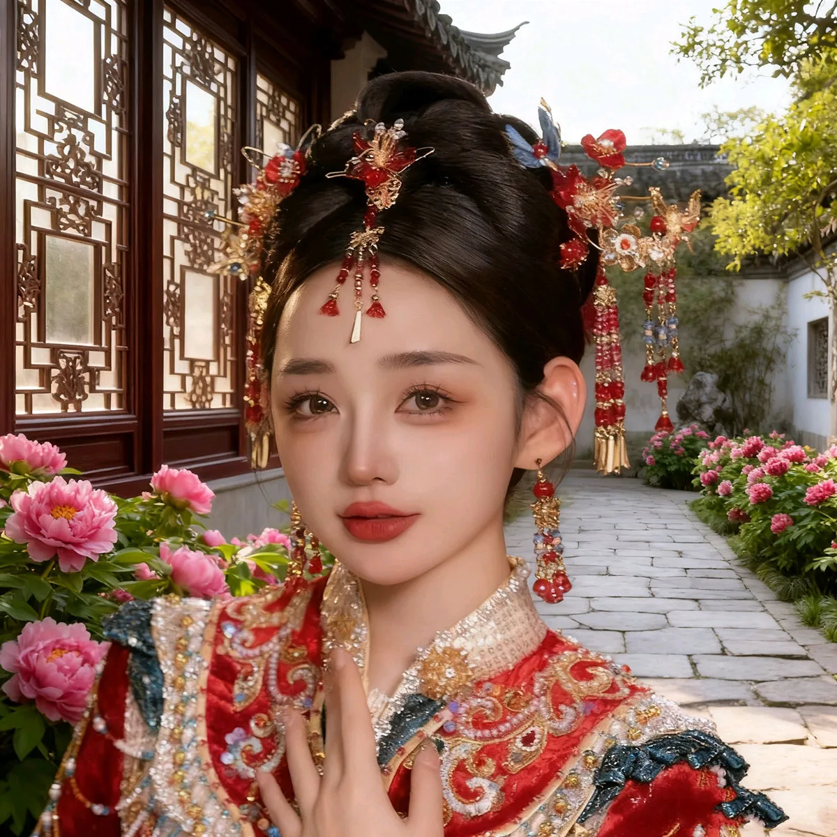 

Elegance Red Flower Chinese Style Xiuhe Headpiece Wedding Bridal Hairpin Set Blue Butterfly Hanfu Traditional Hair Accessories