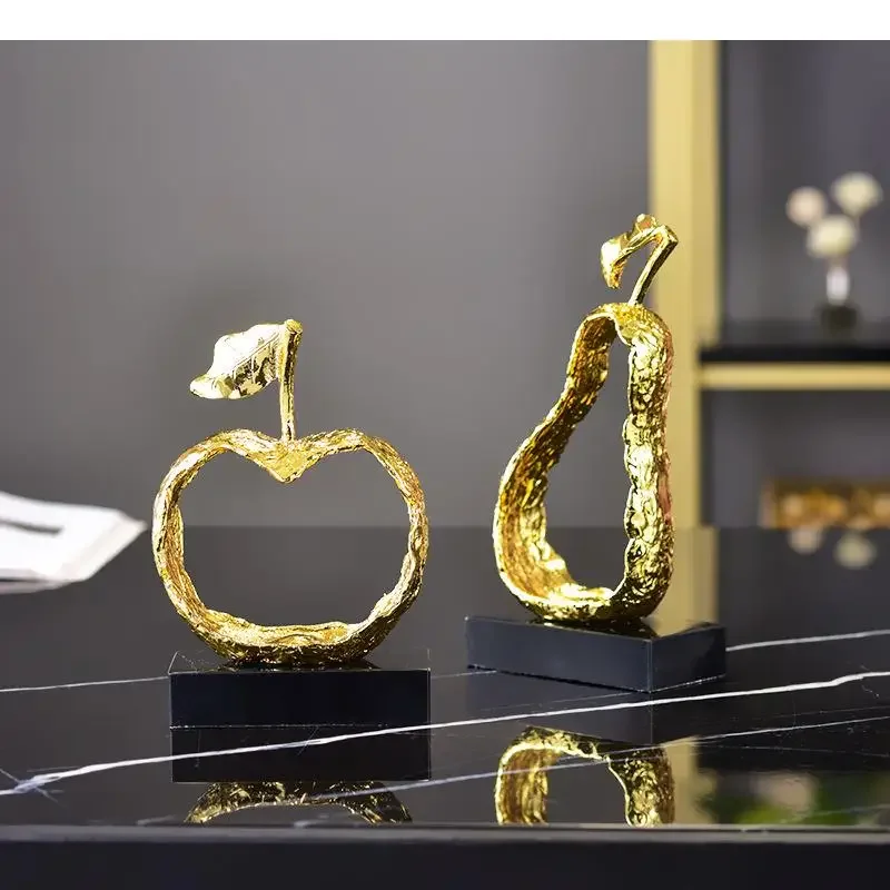 Hollow Out Apple/pear Desk Decor Golden Alloy Ornaments Fruit Figurines Marble Base Crafts Nordic Home Decoration Accessories