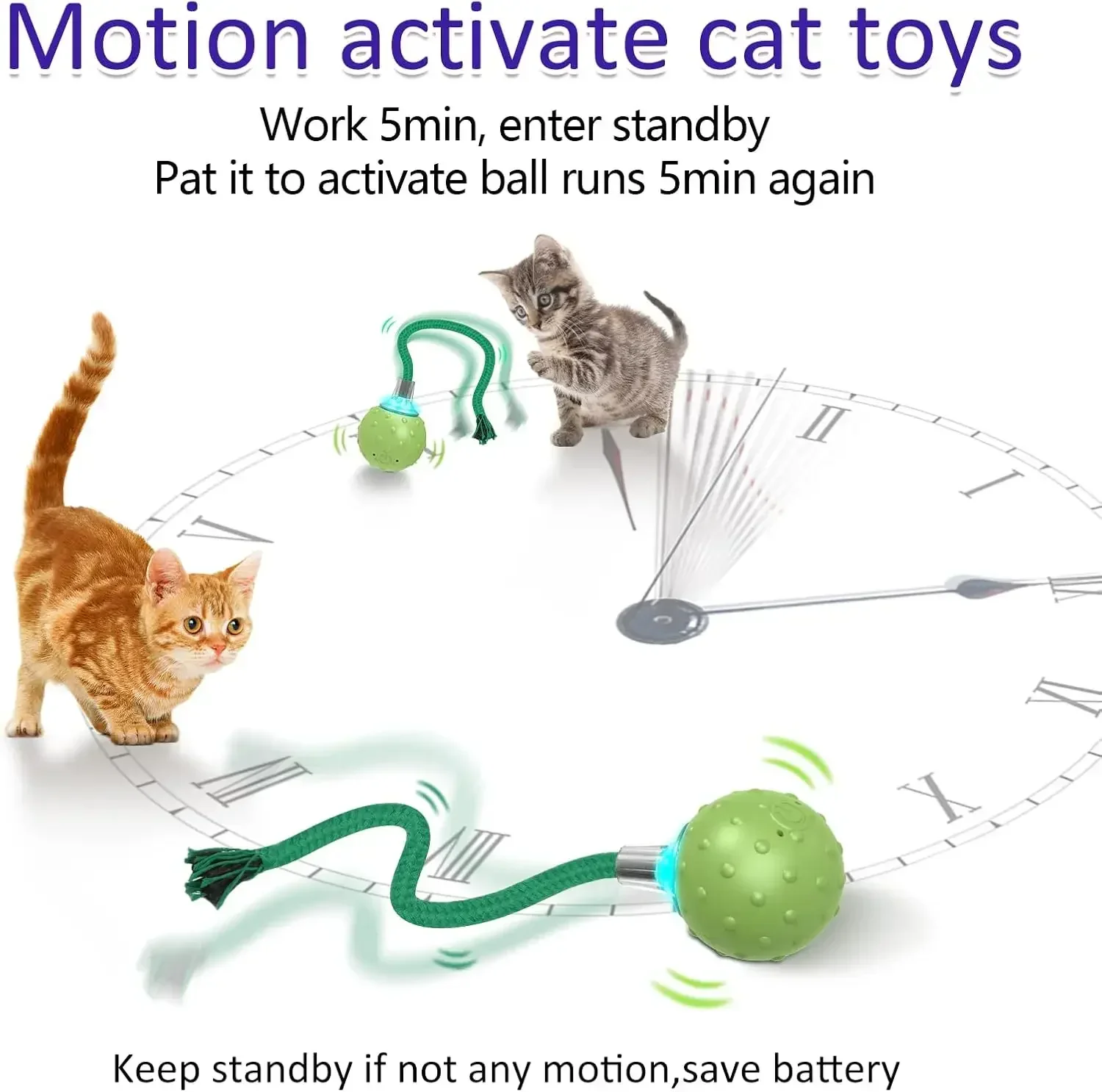 Cat Toys Interactive Rotating Furious on Carpet, Motion Activate Cat Toy Ball with Bird Sound (Green ball)， pet toys KLYM