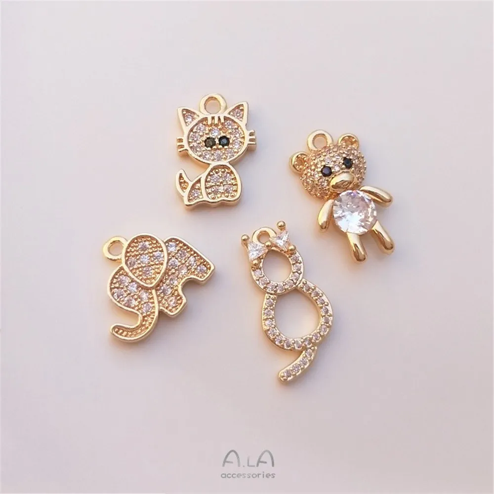 14K Gold Package Cute Zircon Little Bear, Elephant, and Cat Pendant Pendant DIY Bracelet Earrings Pendant Accessories K117