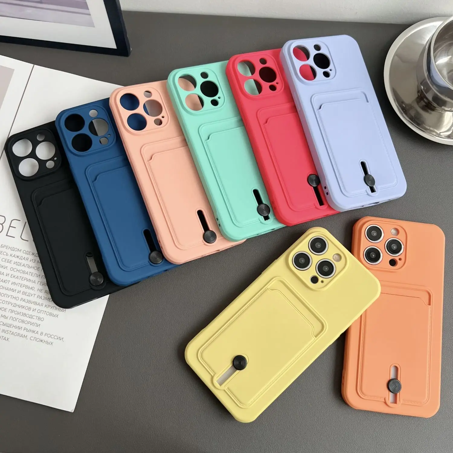 

Pluggable phone case iPhone 15P solid color skin feel bag 14 candy color 13 anti drop 12 transparent card holder protective case