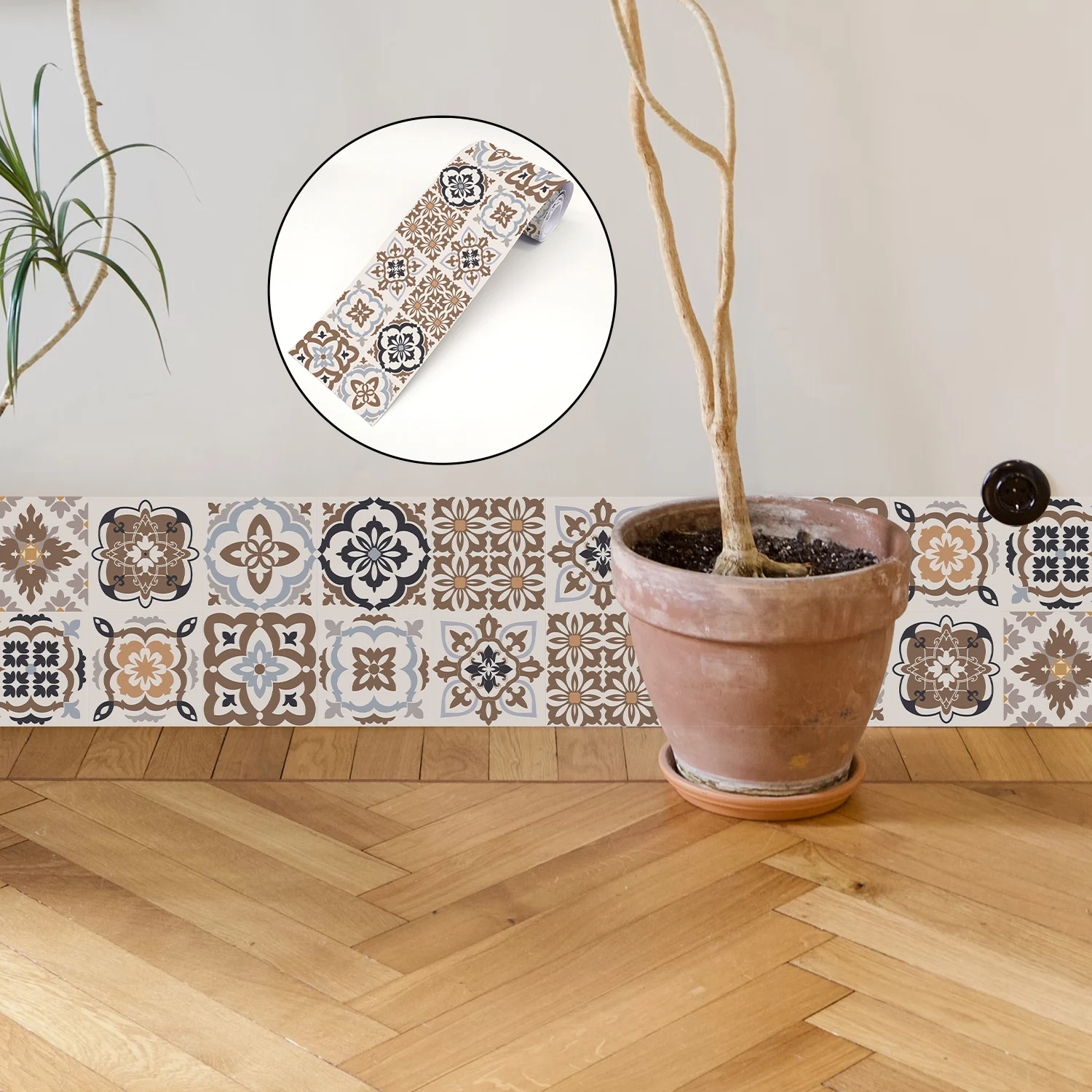 Bohemian Style Ceramic Tile Wall Sticker Bathroom Kitchen BackSplash Waistline Skirting Strip Decor Peel & Stick Art Wall Decals