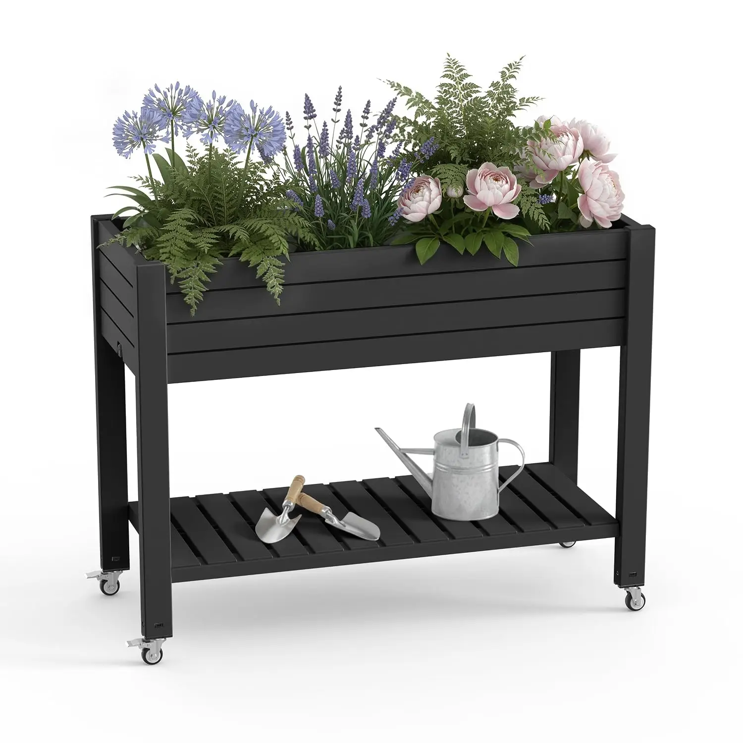 21 Gallon Raised Garden Bed with Legs and Wheels, Raised Planter Box with Drainage Plug and Gauge, Lower Shelf for Tools