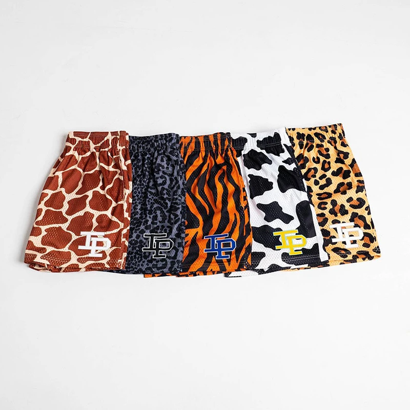 Summer Men's INAKA IP Leopard Print Mesh Shorts Elastic Waist Drawstring Breathable Quick Dry Gym Workout Fitness Casual Pants