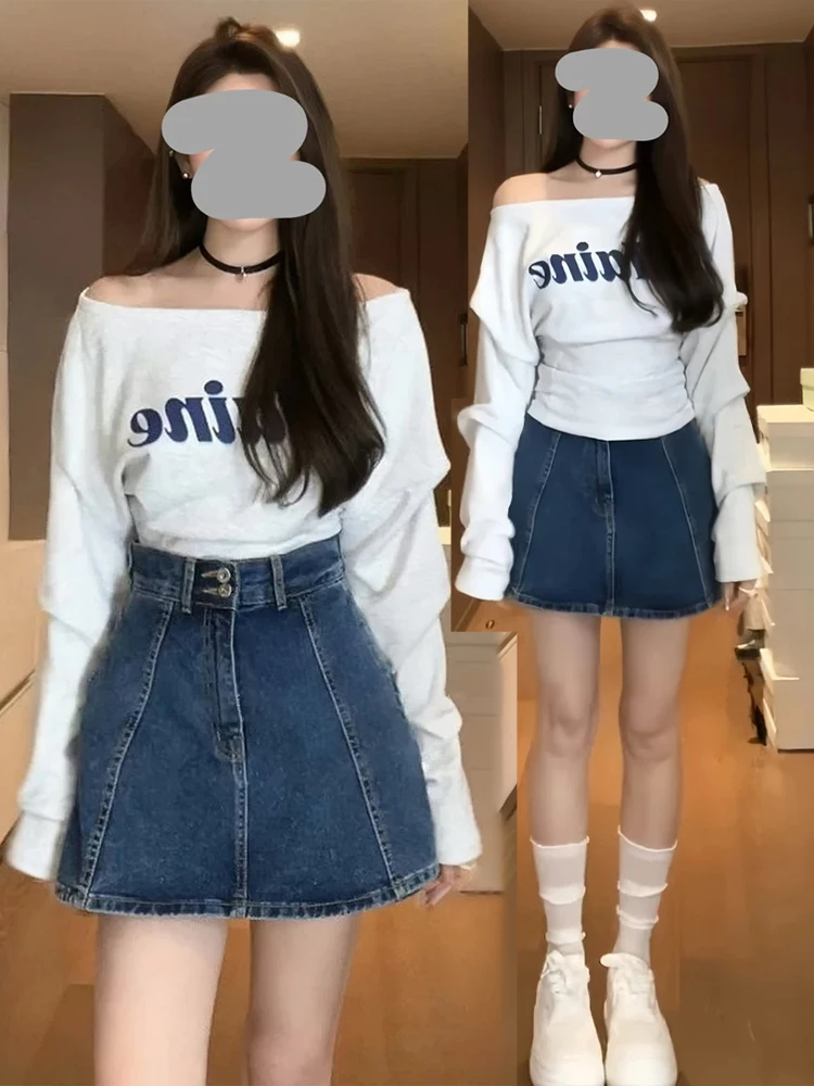 

Весенне-осенний корейский облегающий комплект с надписью T и джинсами, женский повседневный модный наряд, базовый слой