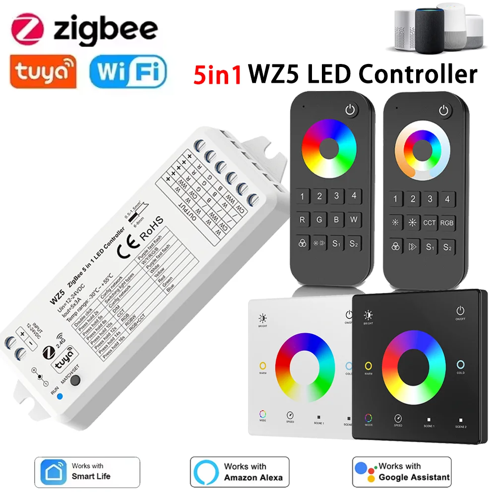 

Светодиодный контроллер Zigbee DC12V 24V WZ5 5in1 RGBCCT Диммер Tuya Smart Life 2.4G RF Дистанционный переключатель панели Ouch Голосовое управление для Alexa