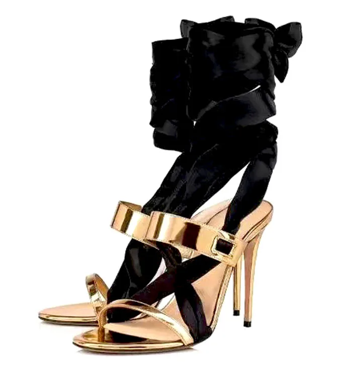

Silk Ribbon Cross Peach Pink Gold Strap Cutout High Heels Sandals Women Sexy Back Silk Butterfly-Knot Lace- up Banquet Shoes